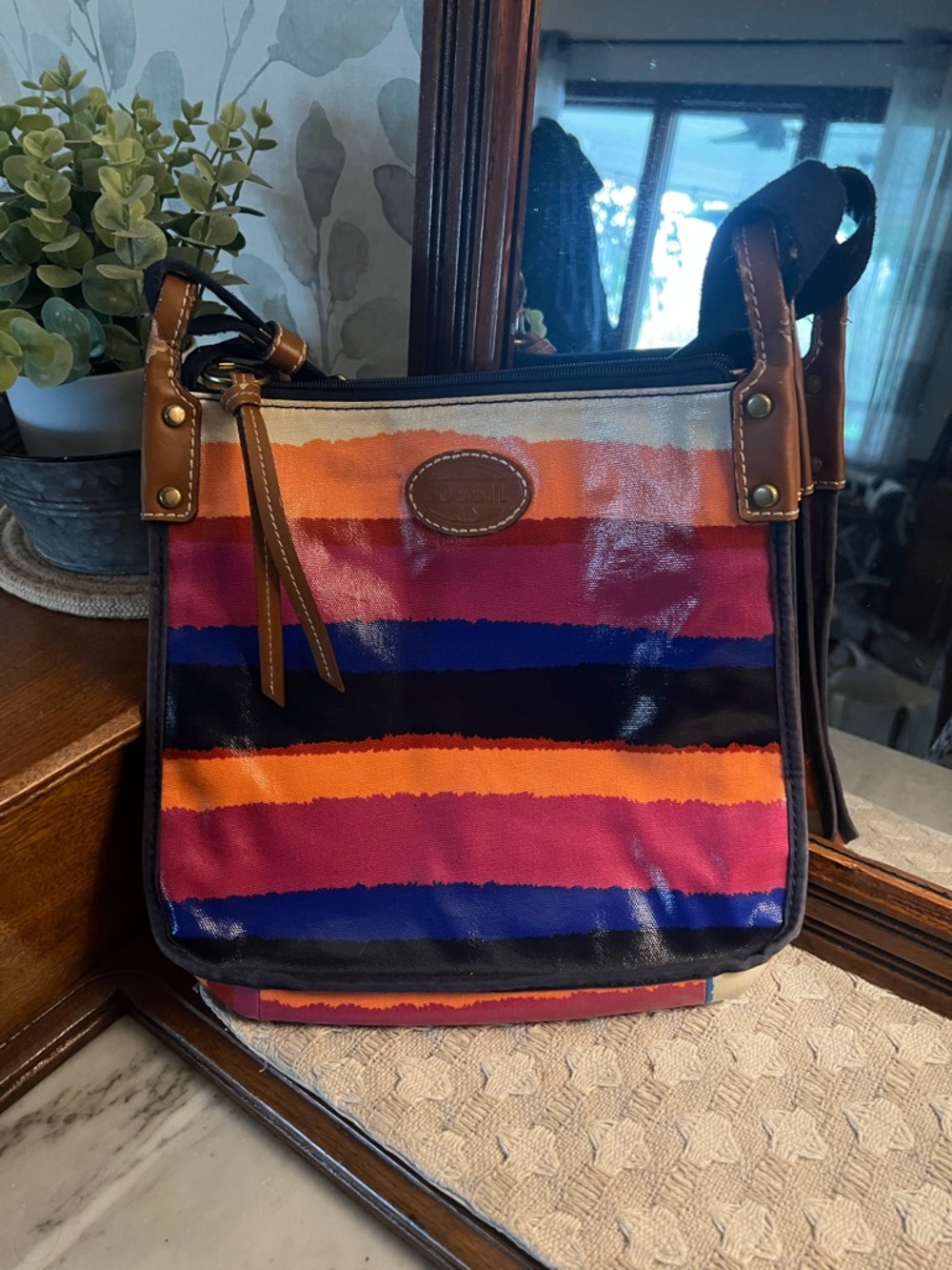 FOSSIL Classic Key-Per Striped Coated Canvas Crossbody Purse *SEE PICTURES*‎